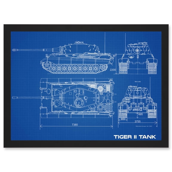 Military Tiger II Panzer Kampfwagen Heavy Tank Blueprint Plan Artwork Framed Wall Art Print A4