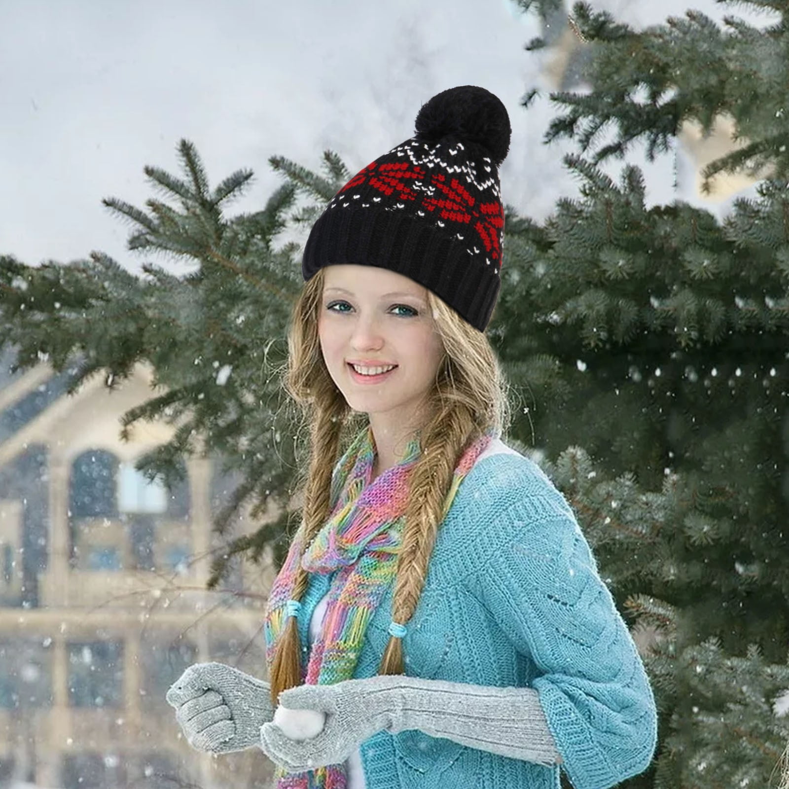 LKXHarleya Women Fleece Lining Christmas Snowflake Wool Beanie Hat Pom Poms  Winter Warm Knitted Beanies
