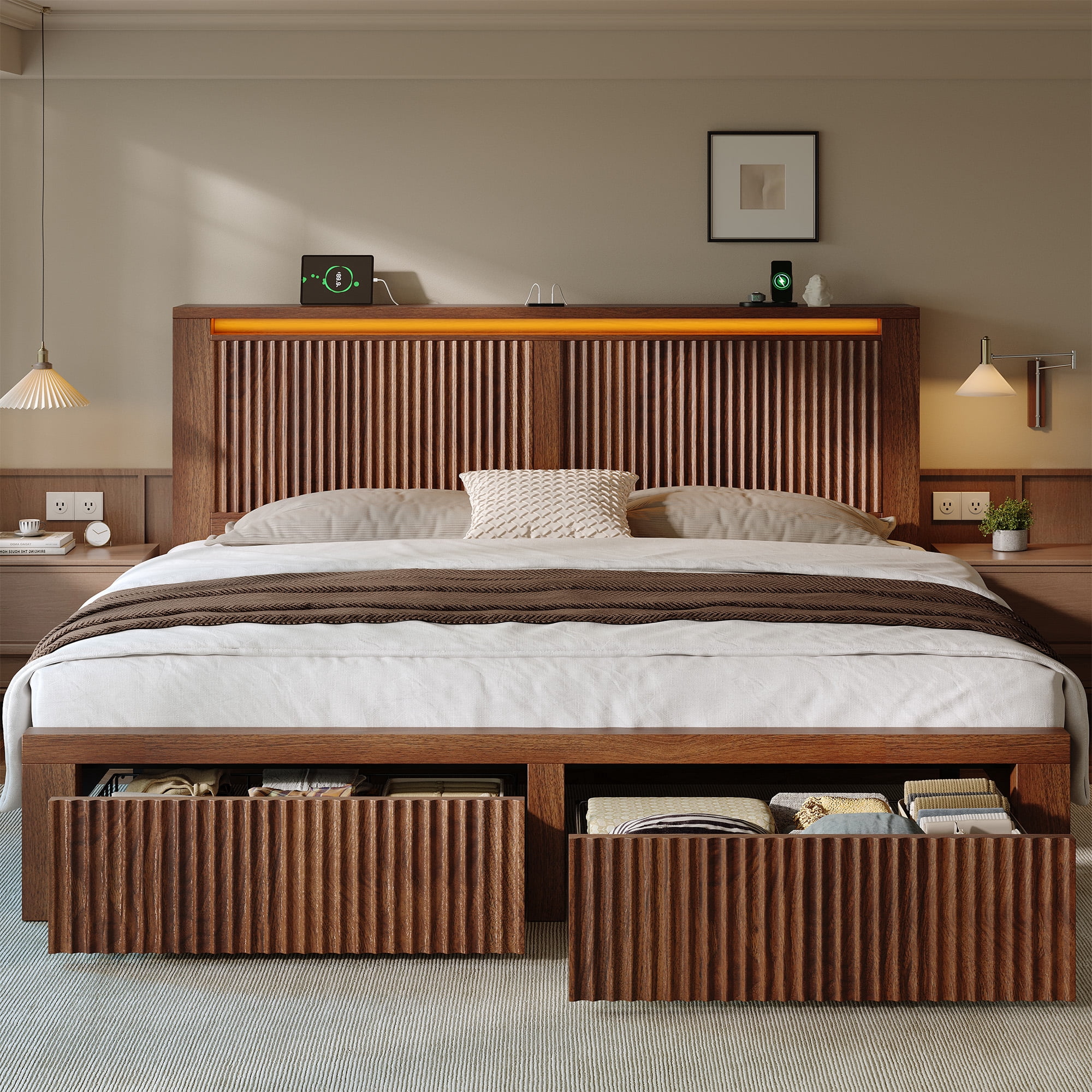 EnHomee Wood Bed Frame King with Headboard Bed Frame with Storage Shelf and Drawers Farmhouse Bed Frame with 2 Drawers & Charge Station & LED Light, Walnut