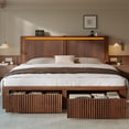 thumbnail image 3 of EnHomee Wood Bed Frame King with Headboard Bed Frame with Storage Shelf and Drawers Farmhouse Bed Frame with 2 Drawers & Charge Station & LED Light, Walnut, 3 of 10