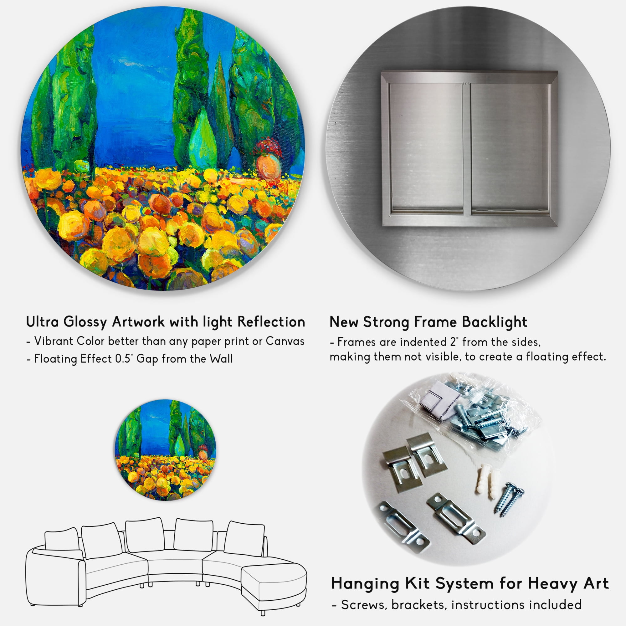 Designart 'Yellow Blossoming Flowers Landscape With Green Trees' Traditional Circle Metal Wall Art 23x23 - Disc of 23