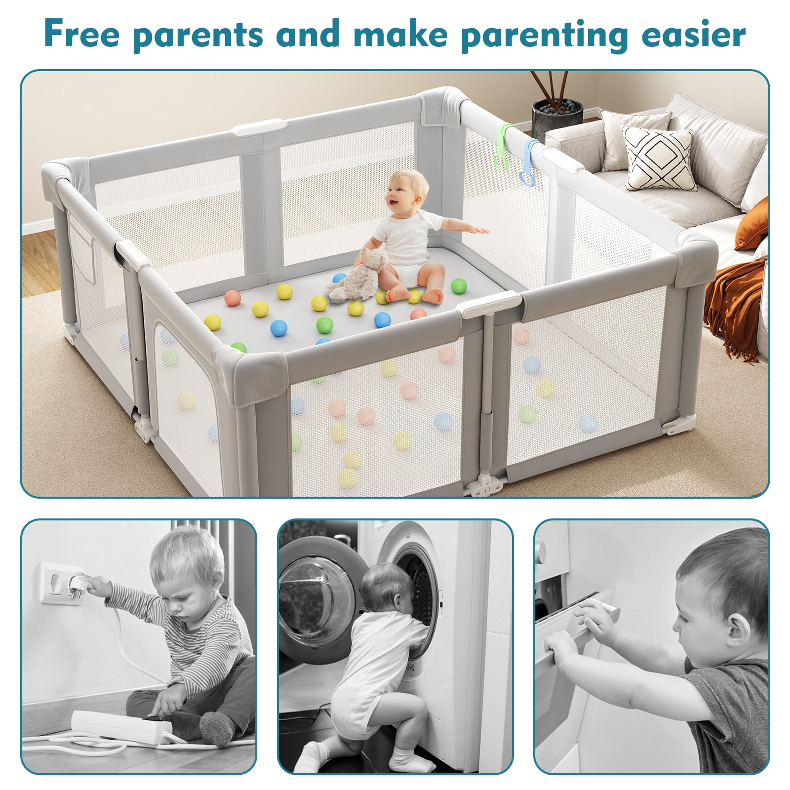 Baby Playpen 51" x 51", Play Pens for Babies and Toddlers Baby Fence Play Yards for Indoor & Outdoor with Breathable Mesh Anti-Fall Playpen, Gray