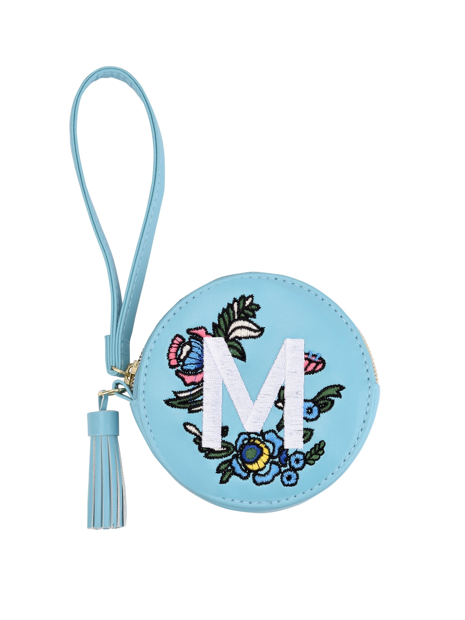 Time and Tru Women's Teal "M" Embroidered Initial Wristlet, Adult Female