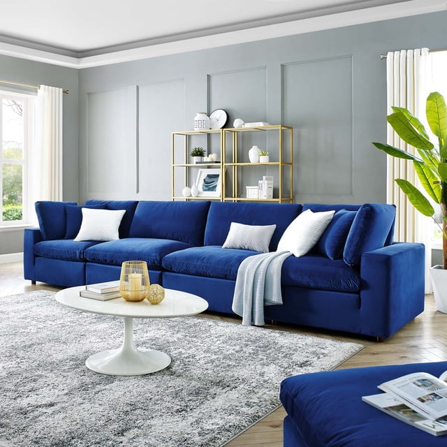 Modway Commix Canapé 4 Places Surrempli en Velours de Performance Garni de Duvet, Bleu Marine