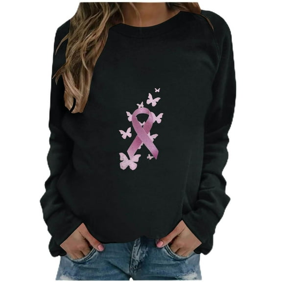 Charmgo Graphic Hoodies Under $15, Women's Fashion Casual Butterfly Pink Ribbon Round Neck Long Sleeve Hoodless Sweatshirt Winter Clothes for Women, Black Hoodies for Women L