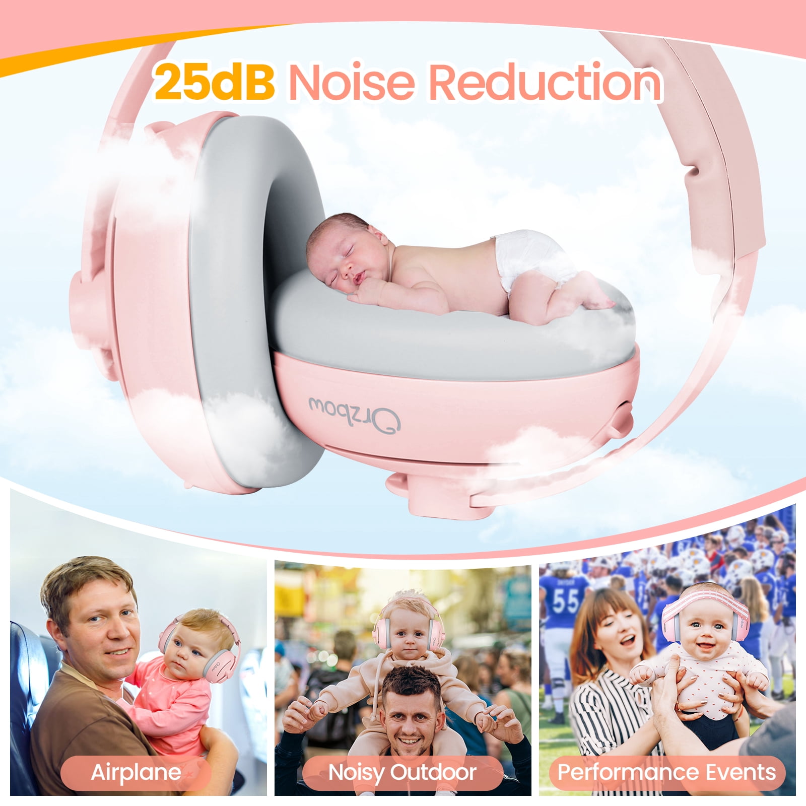Orzbow 2-in-1 Baby Ear Muffs Noise Protection, Noise Cancelling Headphones for Babies up to 48 Months, Adjustable Infant Ear Protection with Non-Slip Band for Airplane Travel Sleep, Pink