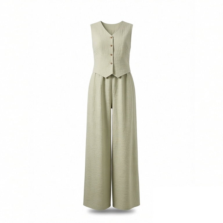 ladies summer dress suits fanshangmao 2 Piece Outfits Summer,Women's Vest Sets 2 Piece Outfits Casual Button Down Vest Top and Wide Leg Pant Dressy, Size: Small occasionwear