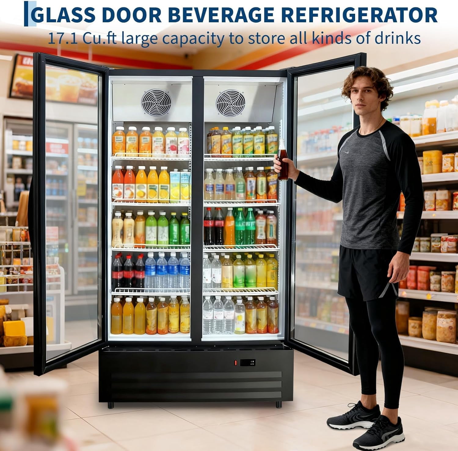 GlowSol 32.5 Cu. Ft. Commercial Beverage Fridge – Double Glass Door Display Refrigerator featuring 8 Adjustable Shelves and a Frost-Free System.