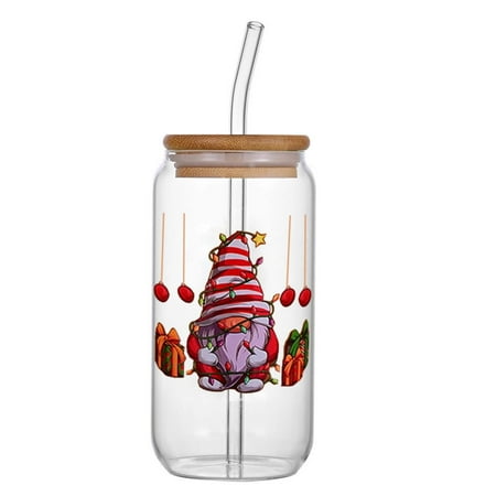 (Clearance) pdqouc Christmas Glass Cups, Christmas Mason Jars with Lid and Straw Christmas Tumbler Drinking Glasses Coffee Cups Jar Decor Glassware Water Bottles Xmas Home Decorations Gifts
