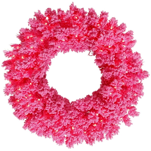 Vickerman 36" Flocked Pink Artificial Christmas Wreath, Pink Dura-lit Incandescent Mini Lights