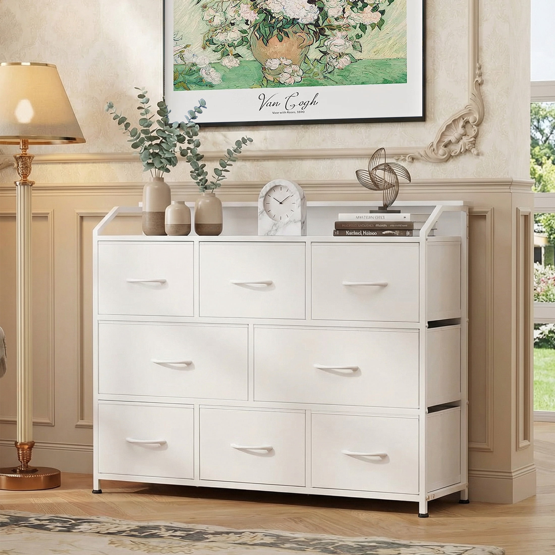 edx 8-Drawer Fabric Dresser with Power Outlets & LED Light, Multifunctional TV Stand Storage Cabinet for Bedroom, Living Room, Office & Hallway, White