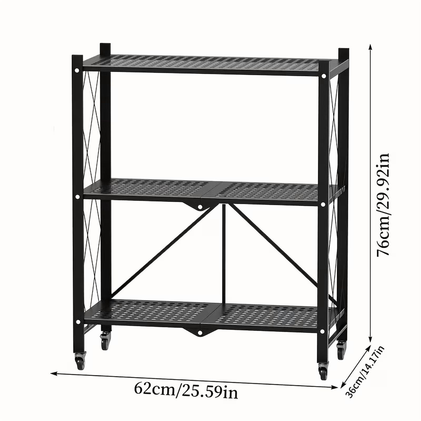Heavy Duty Foldable Metal Storage Rack with Wheels, 3 Tier, No Installation, Removable Shelves, Black - Utility Shelving for Garage, Kitchen, Living Room, Study, Basement