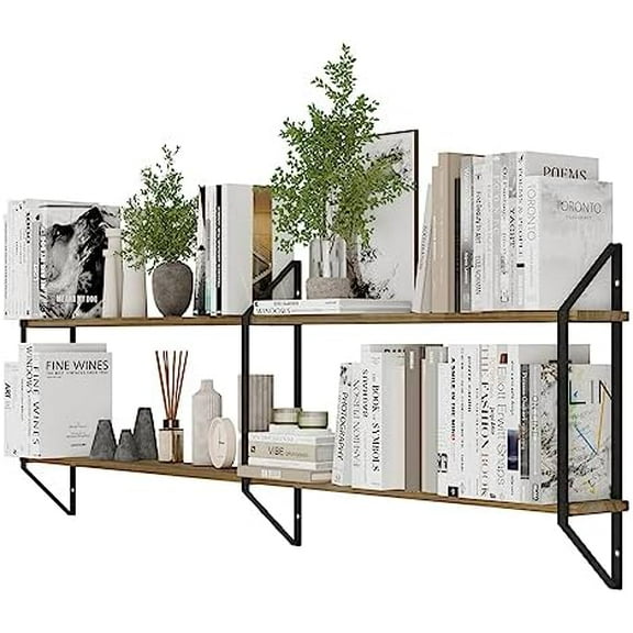 Ponza 60 inch Long Rustic Floating Shelves for Living Room, 2-Tier Book Shelf for Wall Storage Office Decor, Burnt Finish