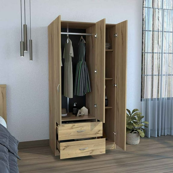 3-Door Wardrobe, Armoire Storage Closet with Five Differently Sized Shelves and Hanging Rod for Bedroom