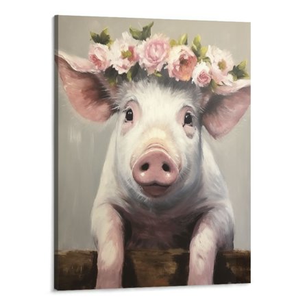Shiartex Animal Pig with Flower Crown Poster Wall Art Canvas Painting Picture Print Living Room Bedroom Decor (16x20 Inch)