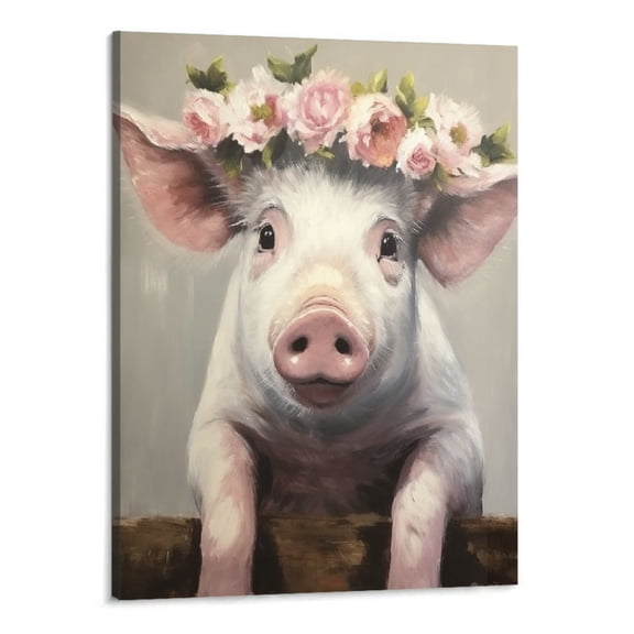 Shiartex Animal Pig with Flower Crown Poster Wall Art Canvas Painting Picture Print Living Room Bedroom Decor (16x20 Inch)