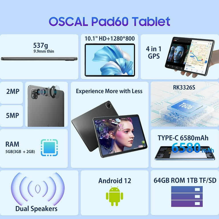 OSCAL Tablet 10.1 inch Android 12 Tablet, 2024 Upgraded PAD60 5GB RAM 64GB  ROM (1TB TF) Tablet Android with 6580mAh Battery, 1280 x 800 HD IPS Touch