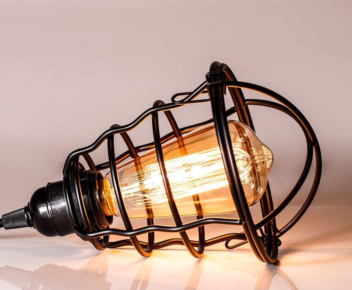 Industrial Pendant Light Adjustable Flush Mount Ceiling Lighting for Kitchen Island Living Room Bedroom Hallway Vintage Hanging Pendant Lights Fixture with Metal Cage Shade, Black