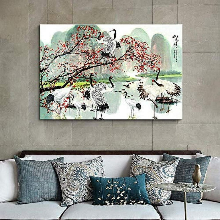 wall26 - 2 Panel Square Canvas Wall Art - Watercolor Style Painting of  Cranes and Flowers on Pink Background - Giclee Print Gallery Wrap Modern  Home