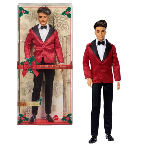 Barbie Signature 2026 Holiday Curly Black Hair Ken Collectible Fashion Doll wearing Full Suit with Red Jacket