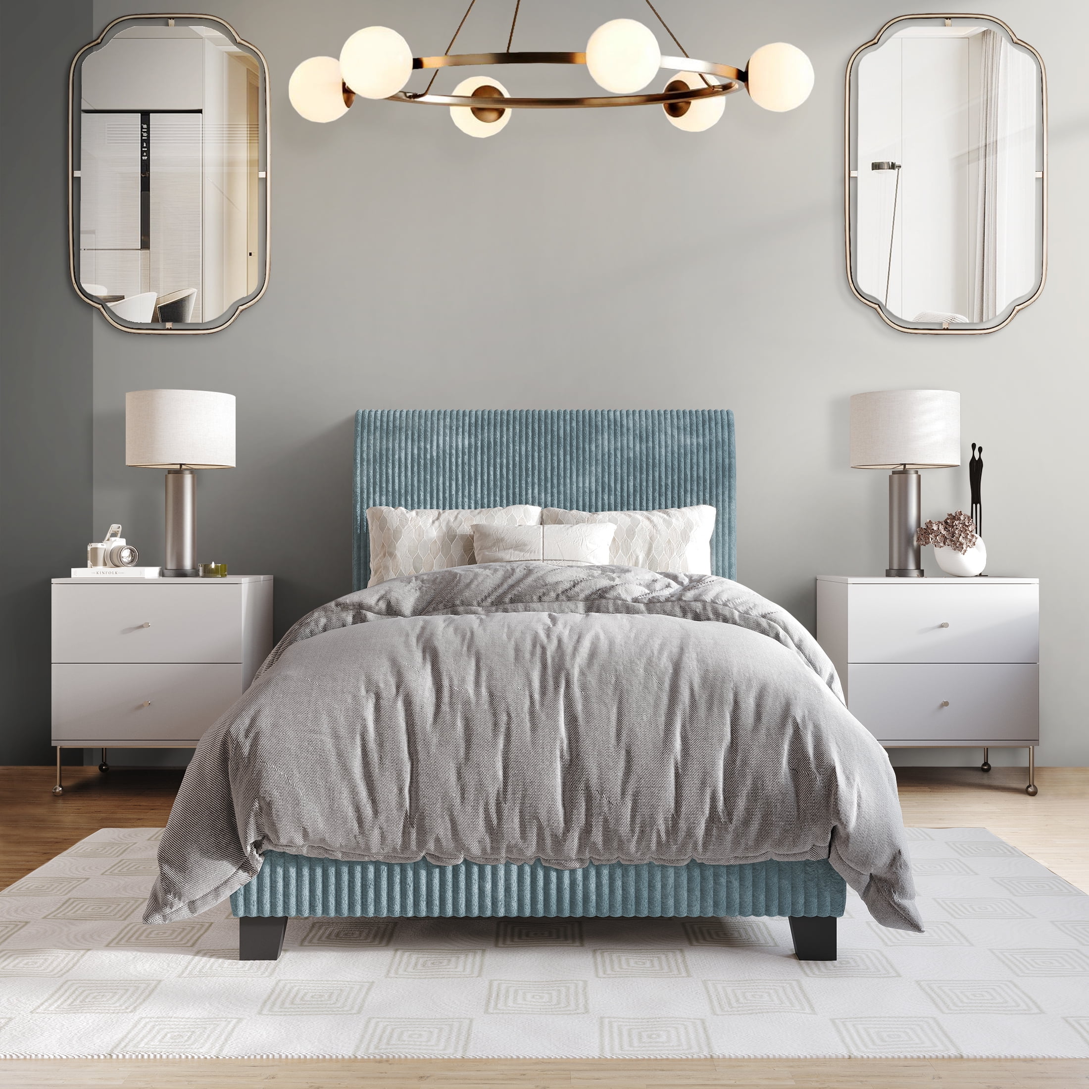 Castle Place Chic Corduroy Velvet Upholstered Twin Bed, Light Blue