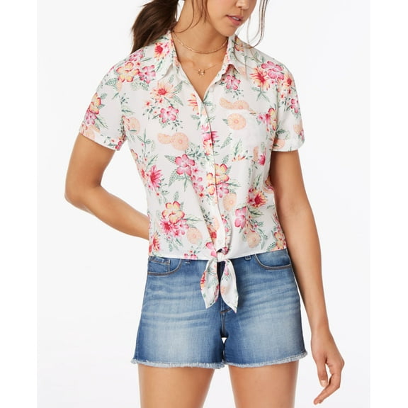 Hippie Rose Juniors Printed Tie Front Camp Shirt Ivory Tropical Fruit S