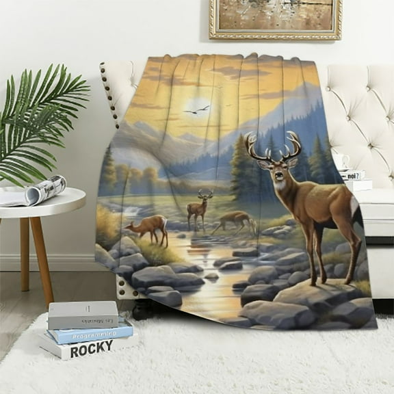 BCIIG Deer Animals Rocky Landscape Warm Lightweight Blanket Soft Fleece Throw Blanket Living Rooms Sofa Decor Cow Gifts All Seasons Plush Blankets Exquisite Gifts 40x50in