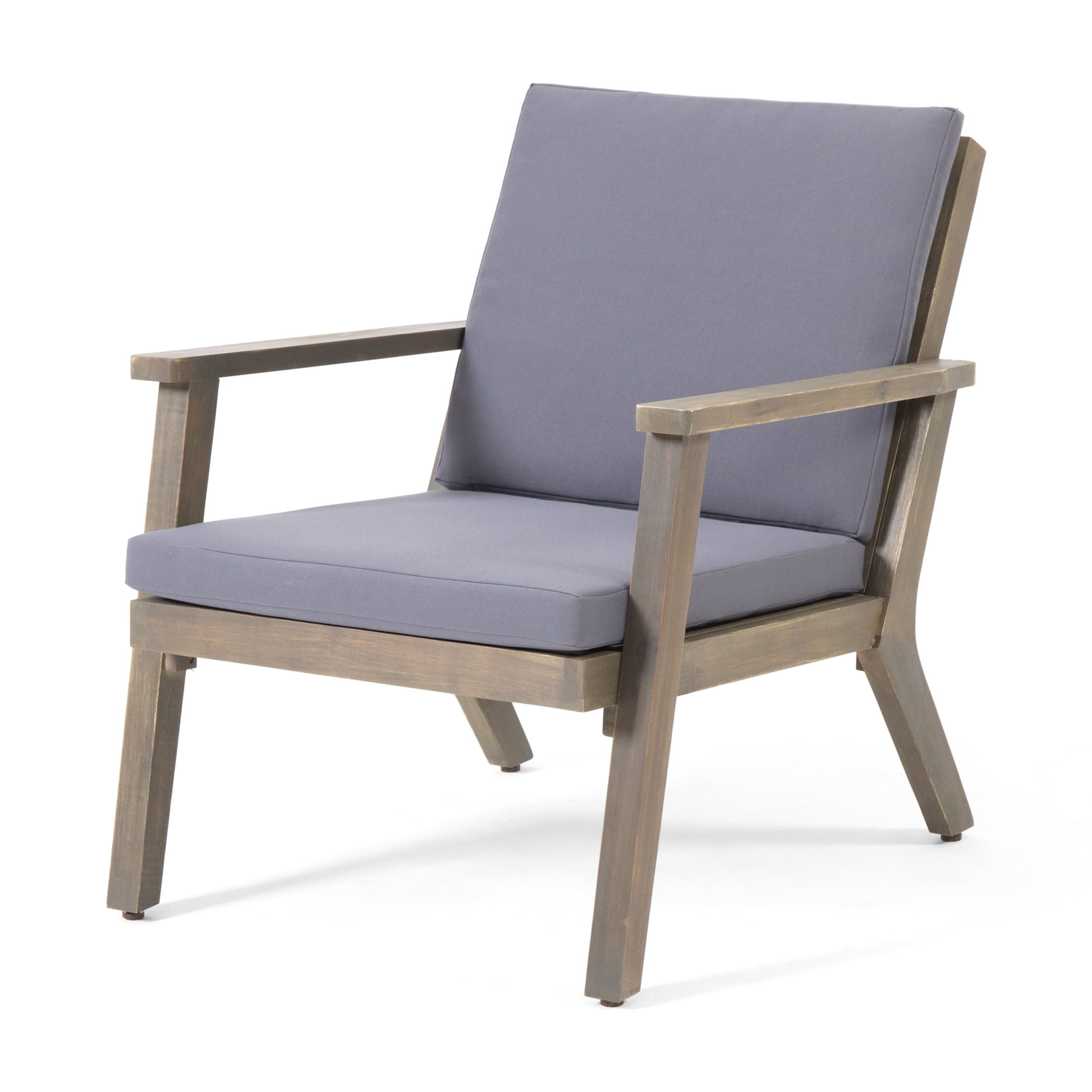 Sasha Outdoor Acacia Wood Club Chairs with Cushions, Set of 2, Gray, Dark Gray