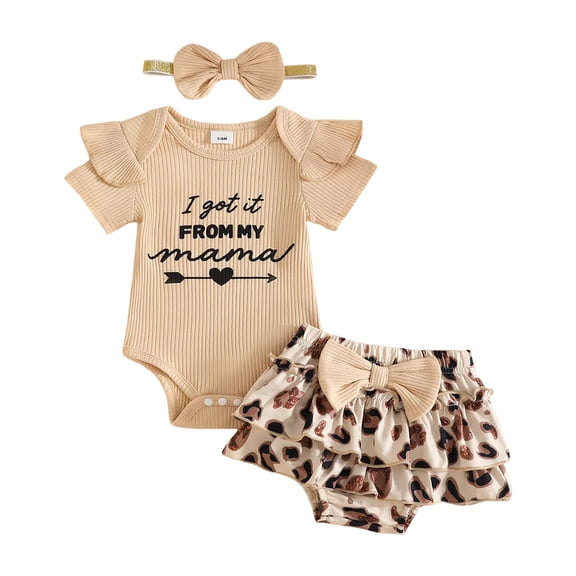 Staki Baby Girl Clothes Newborn Romper Ruffle Sleeve Short Jeans Skirt with Headband Infant Outfits Set 3M 6M 9M Beige,6-9 Months