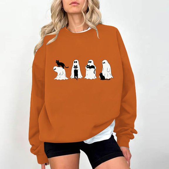 Women's Halloween Sweatshirts Cute Ghost and Cat Graphic Crewneck Pullover Fall Spooky Season Long Sleeve Casual Shirts Oversized Tops Novelty Clothes