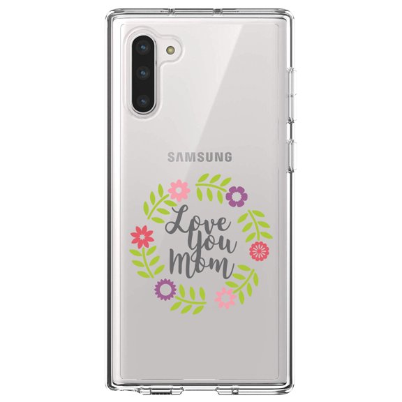 DistinctInk Clear Shockproof Hybrid Case for Samsung Galaxy Note 10 (6.3" Screen) - TPU Bumper Acrylic Back Tempered Glass Screen Protector - Love You Mom - Floral Border