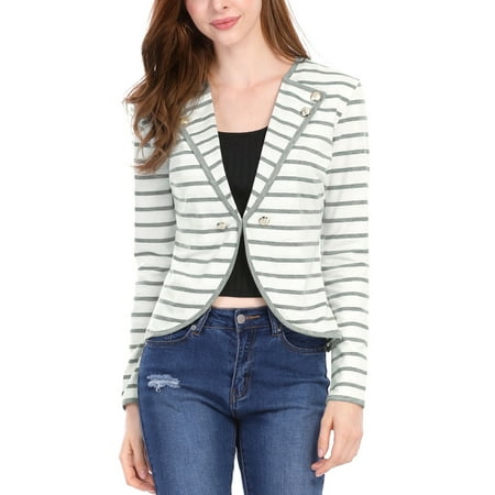Buttoned Blazer - Women Notched Lapel Button Decor Striped Blazer