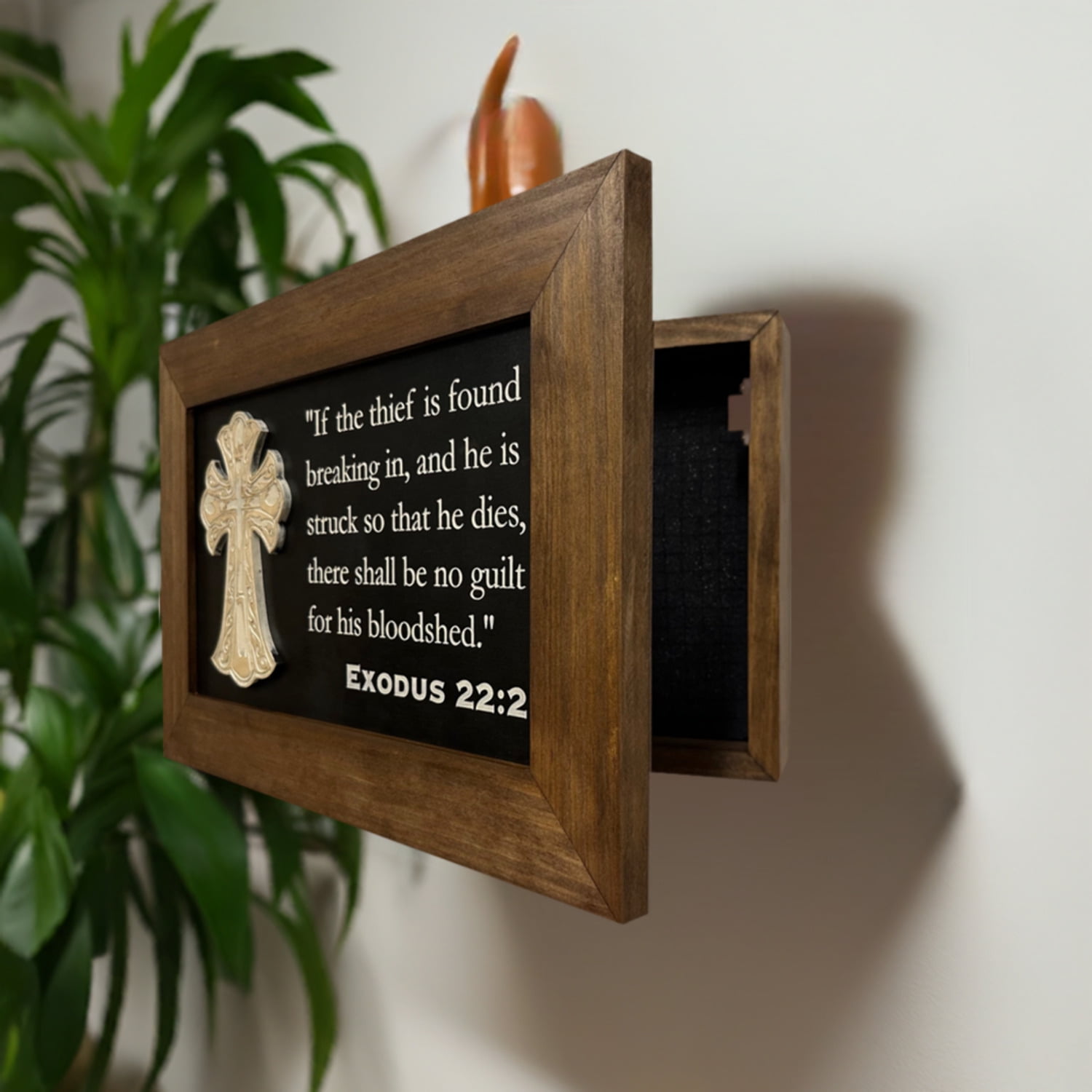Bellewood Designs Decorative Gun Cabinet Wall-Mounted  Secure with a Cross and Exodus 22:2 - Gun safe To Securely Store Your Gun  Home Self Defense Gear