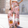 thumbnail image 2 of WTOBBY Women's Seasonal Casual Halloween Print Elastic Waist Drawstring Pocket Wide Leg Trousers with Festive Patterns for Fun Fall Outfits and Comfortable Wear,Pink L, 2 of 6