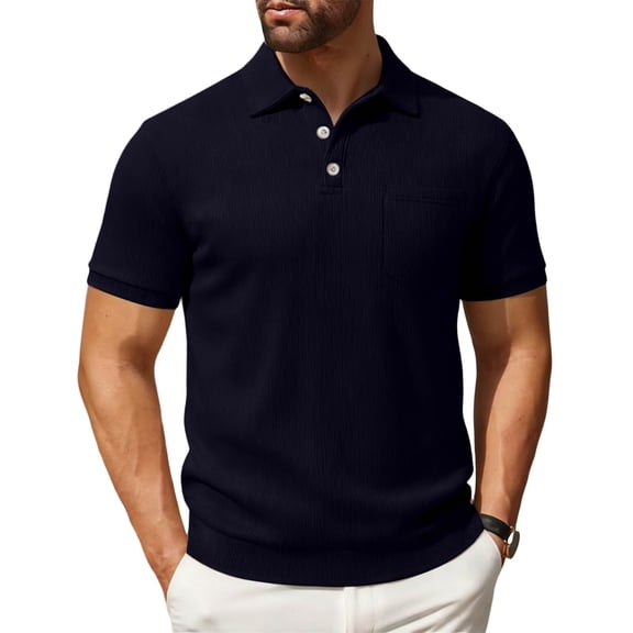 IWRICH Men's Corduroy Short Sleeve Polo Shirts Button up Solid Color T Shirts Summer Casual Stylish Textured Tops with Pocket Navy XL