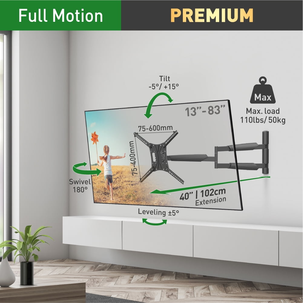 Barkan 13 - 83 inch Full Motion - 4 Movement Extra Long TV Wall Mount Black Extremely Extendable Cable Management