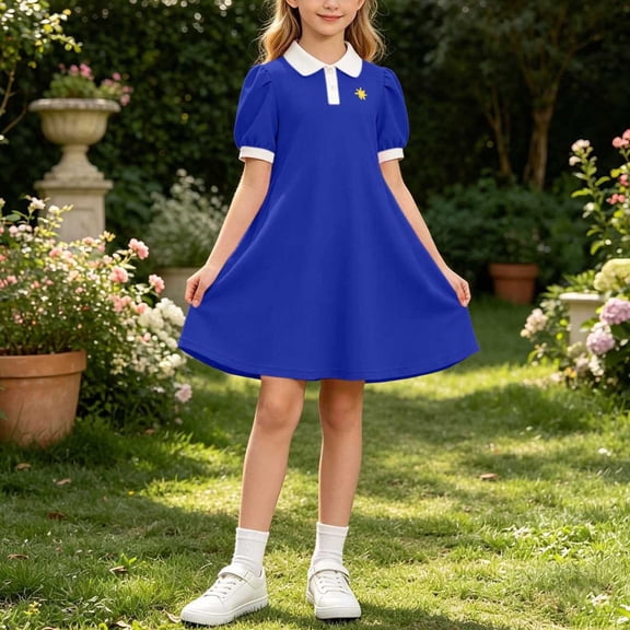 Amidoa Girls Summer Dresses A-Line Short Sleeve Dresses Print Kids Casual Sundress Blue Size 12