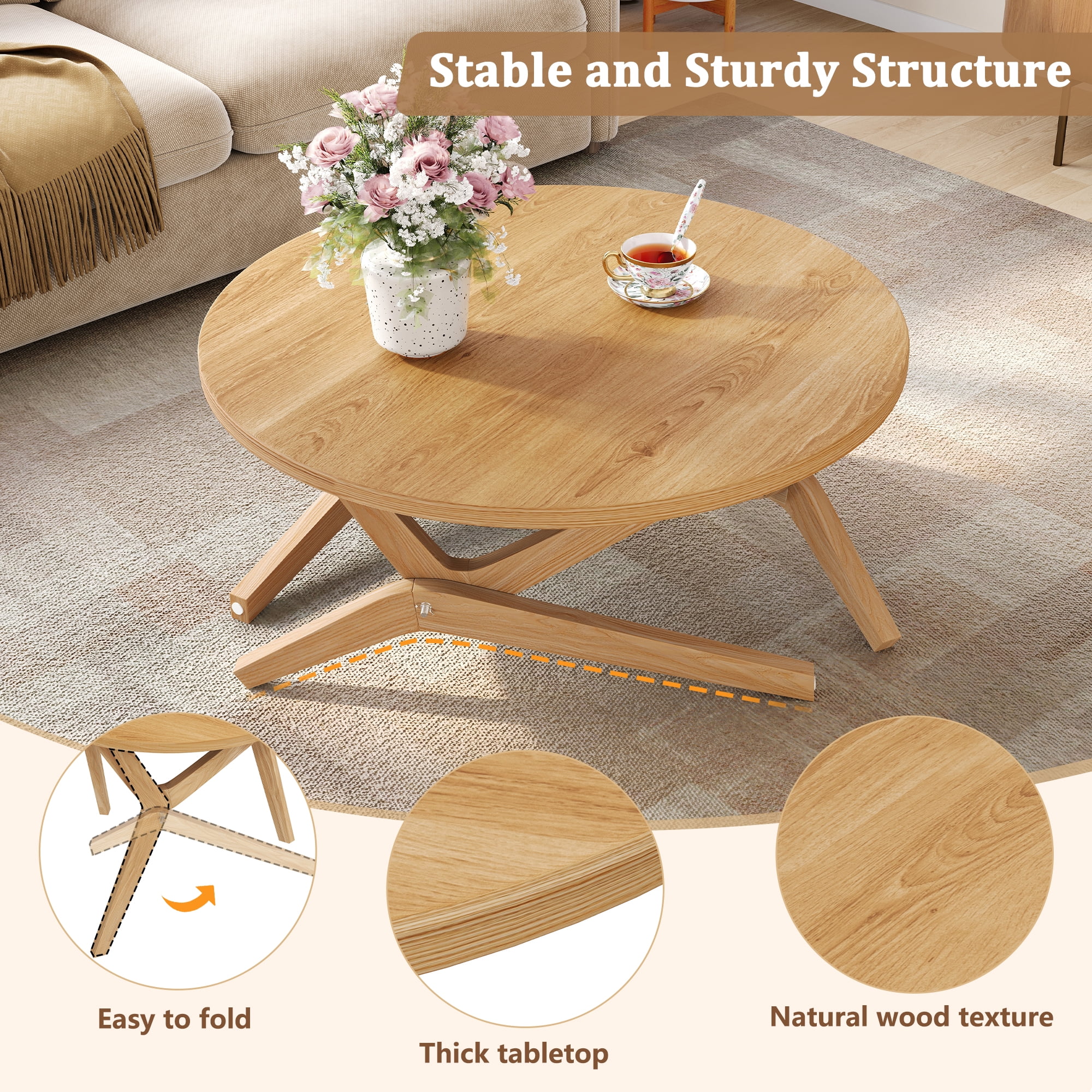 Homy Casa 34.5 in Round Adjustable Height Coffee Table, Lift Top Wood Center Table, Natural Oak