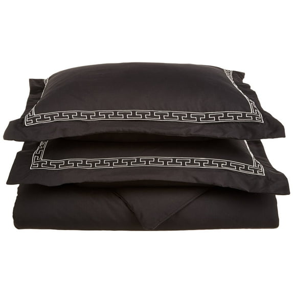 Regal Microfiber Wrinkle-Resistant Duvet Cover and Greek Key Embroidered Pillow Sham Set Black/Grey / Twin/Twin XL