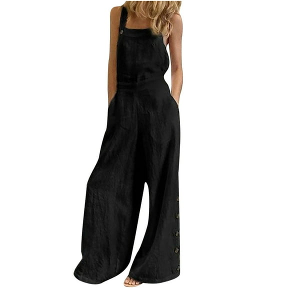 Wycnly Womens Jumpsuits Casual Solid Button Wide Leg Plus Size Strap Jumpsuits with Pocket Trendy Plain Square Neck Sleeveless Long Summer Rompers Black xxxl