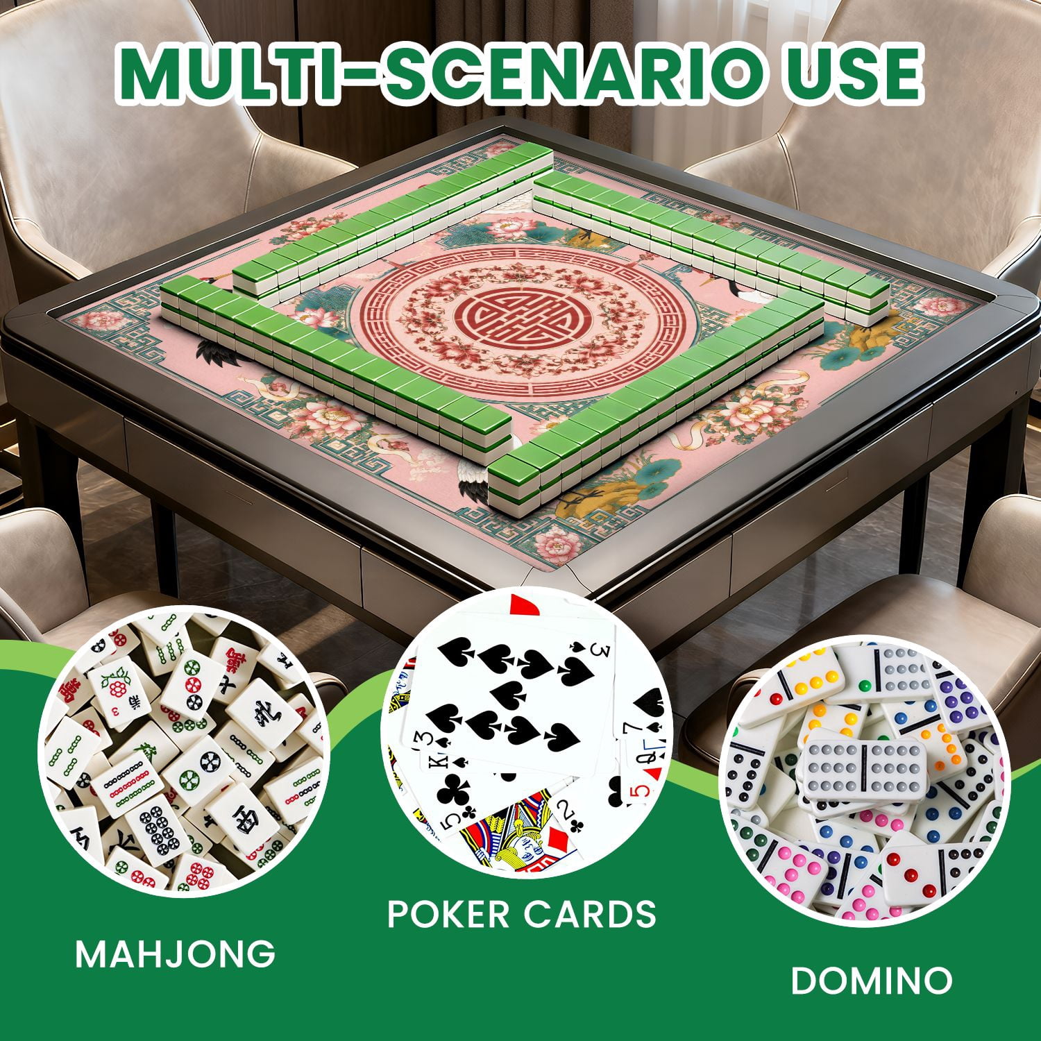 Mahjong Mat 31.5" x 31.5" Elegant Crane Floral Traditional Chinese Elements Non-Slip Noise Reduction Mahjong Tiles Table Cover for Dominoes Poker Card Board and Tile Games