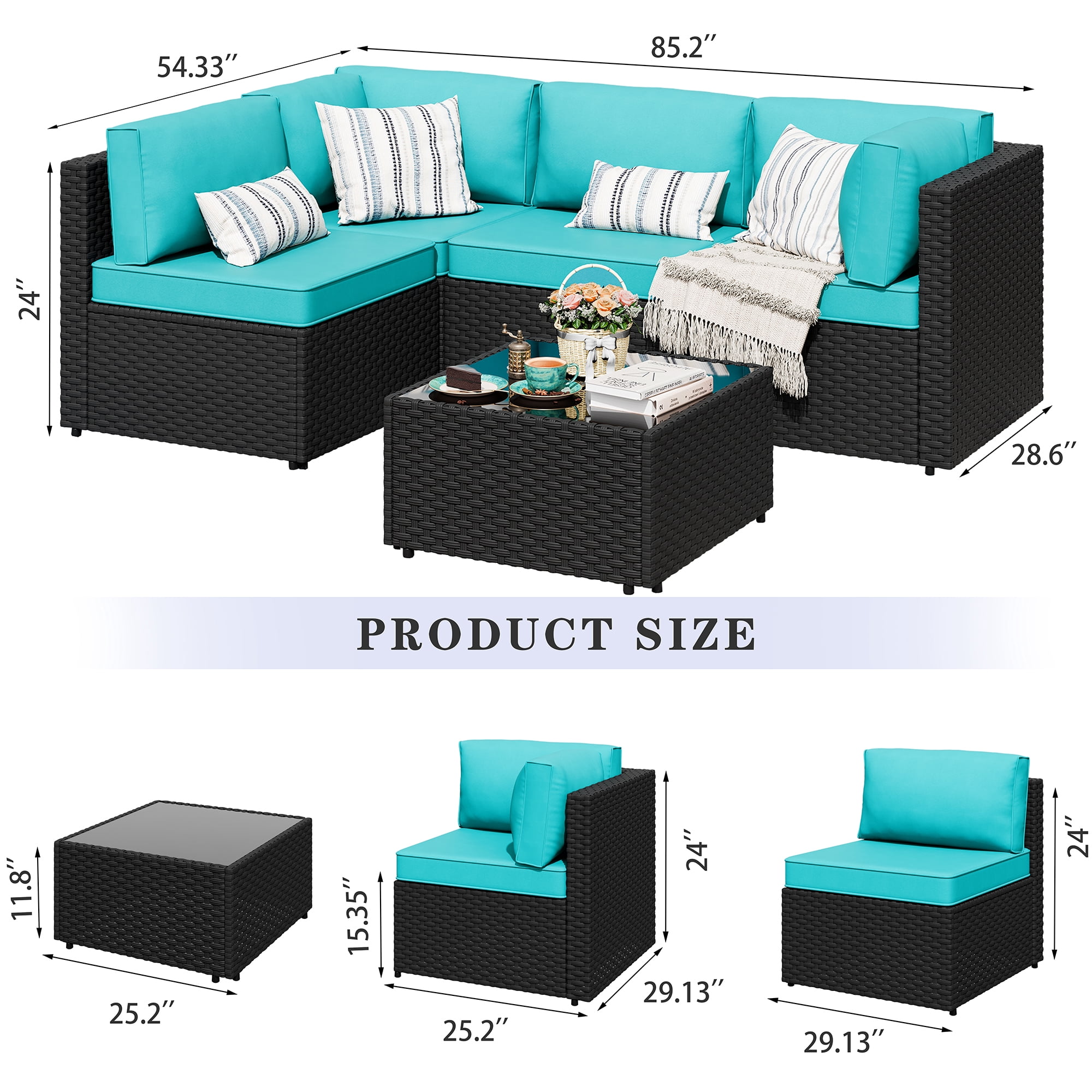 Walsunny 5 Pieces Outdoor Furniture Patio Sectional Sofa Set, Wicker Rattan Conversation Sets with Cushions and Glass Table, Black Rattan Blue Cushions