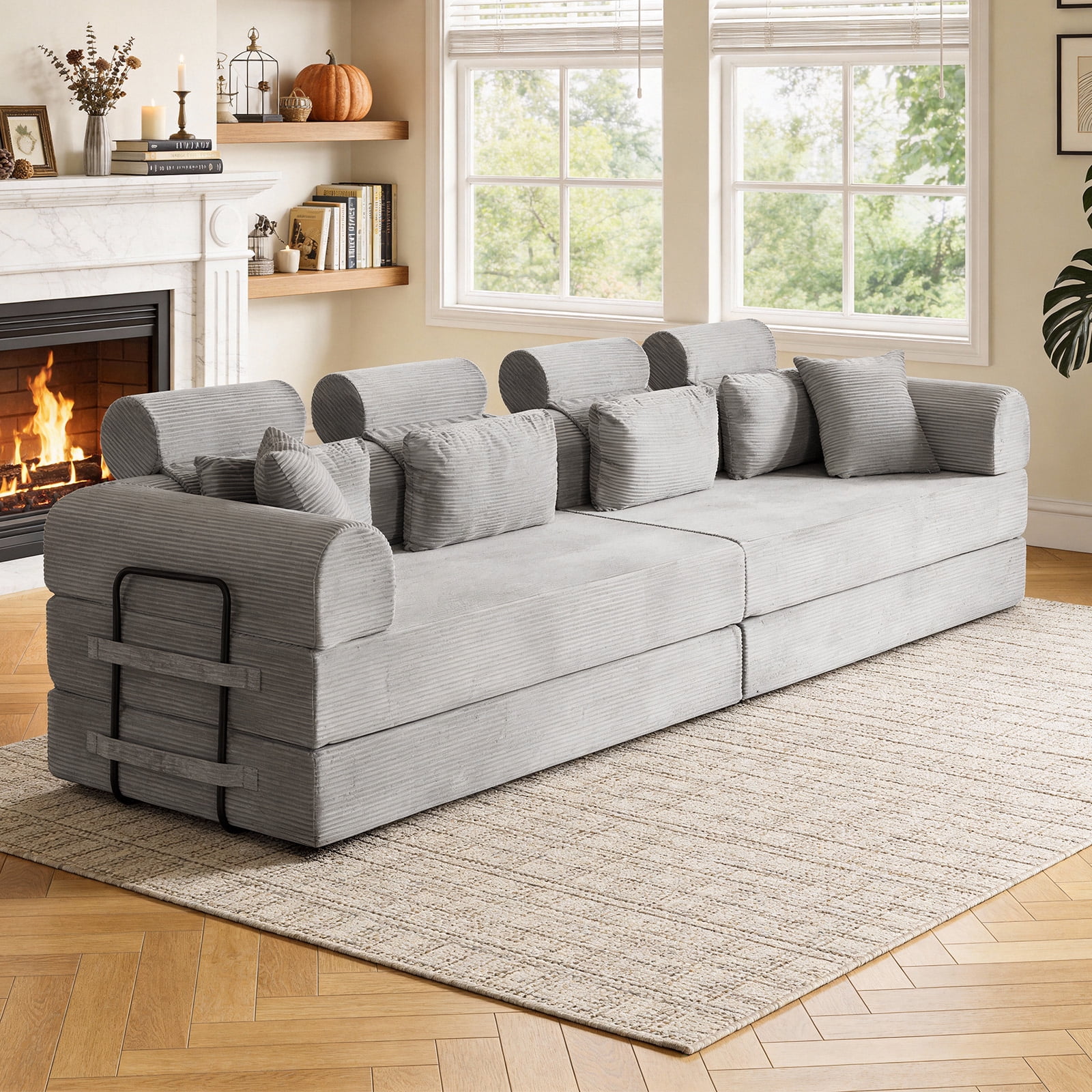 L-Shaped Sectional Sofa Converts to Bed, Corduroy Chaise Lounge with 28D High-Density Foam, No Assembly Compressed Couch for Apartments and Studios, Light Gray