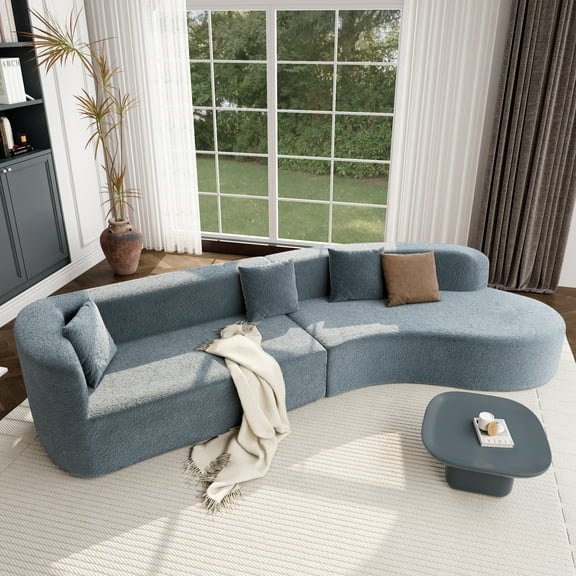 132" Modern Sectional Sofa with Curved Design, 2-Piece Chenille Modular Couch with 4 Pillows, Plush Sponge & Spring Cushion, Large Sponge Modular Sofa for Living Room (Blue)