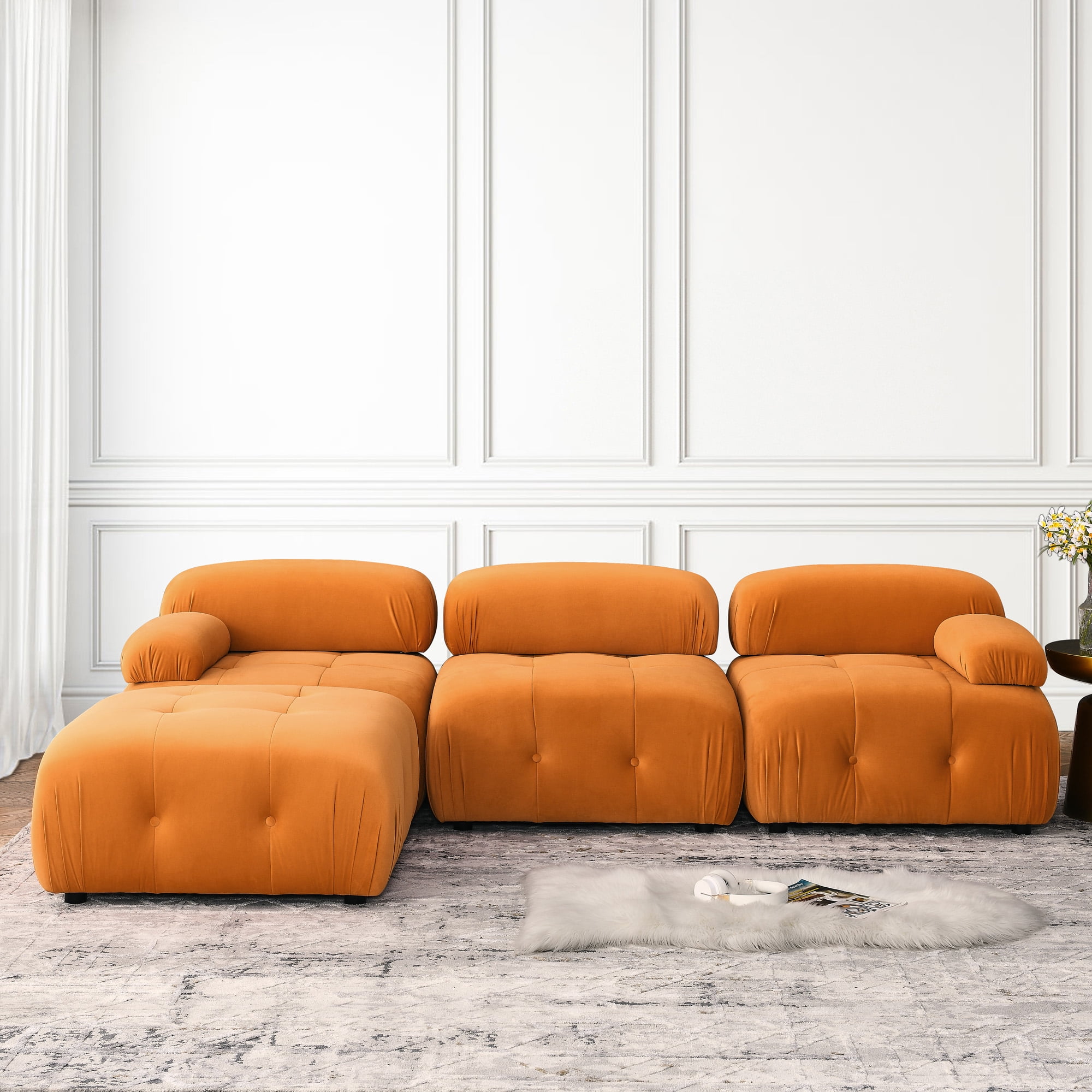 Aukfa 93" Sectional Sofa, Button Tufted Modular Chaise Couch for Living Room, Velvet, Orange