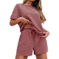 thumbnail image 3 of Womens 2 Piece Sets Summer Lounge Sets Striped Short Sleeve Oversized T Shirts Drawstring Shorts Matching Set, 3 of 7