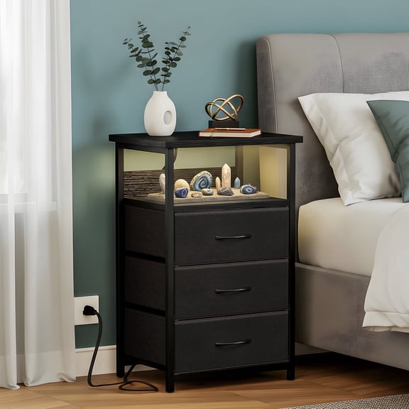 Fairy Night Stand with Charging Station, Bed Side Table, Nightstand with 3 Fabric Storage Drawers, Black