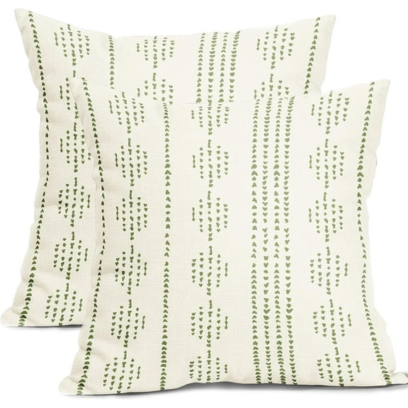 Boho Linen Pillow Covers 18x18 Inch Green Cream Geometric Stripe Modern Throw Pillow Covers Set of 2 Spring Farmhouse Outdoor Pillowcases Square Cushion Covers for Couch Bed Living Room Sofa Chair
