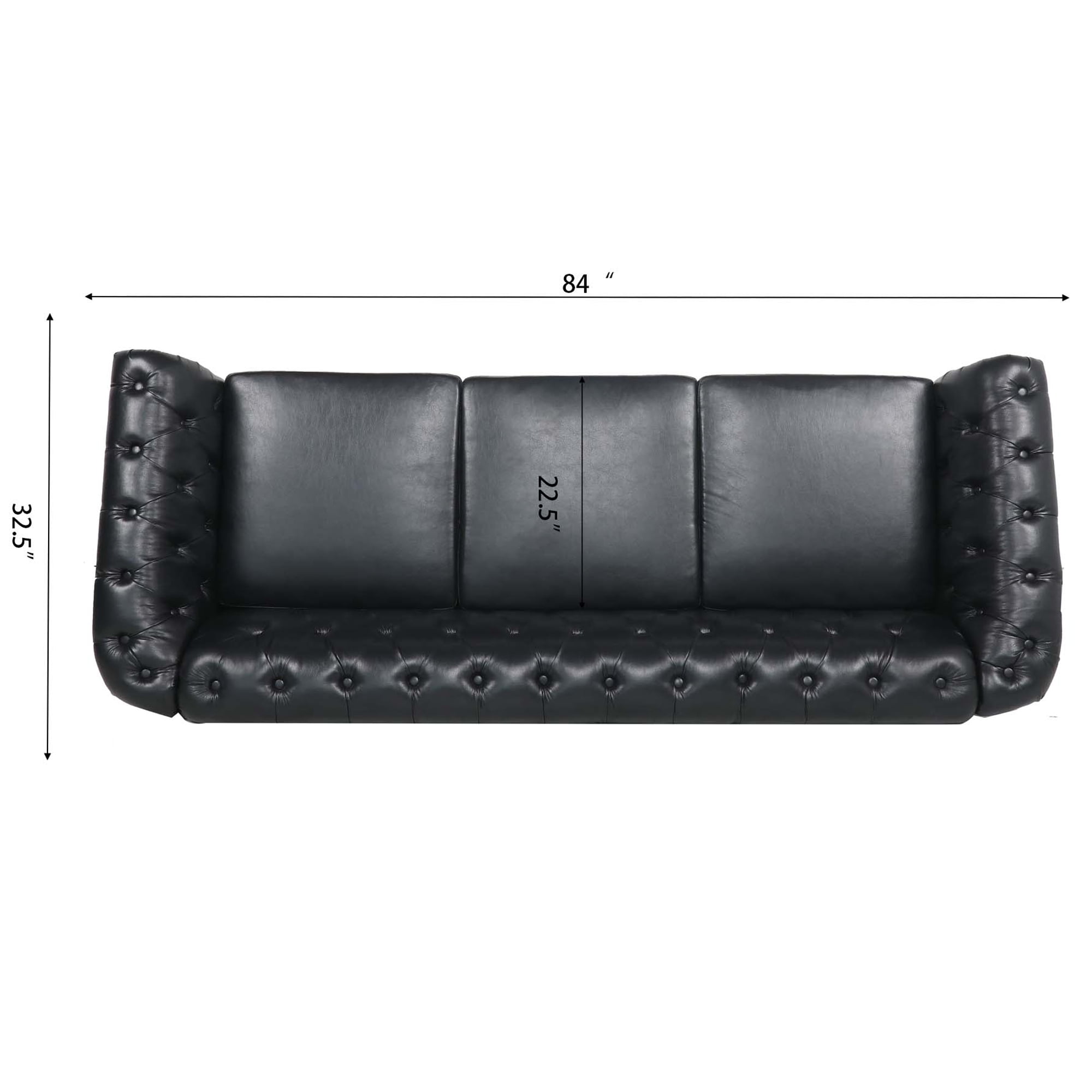 Miniyam 85" PU Rolled Arm Chesterfield 3 Seater Sofa, Black