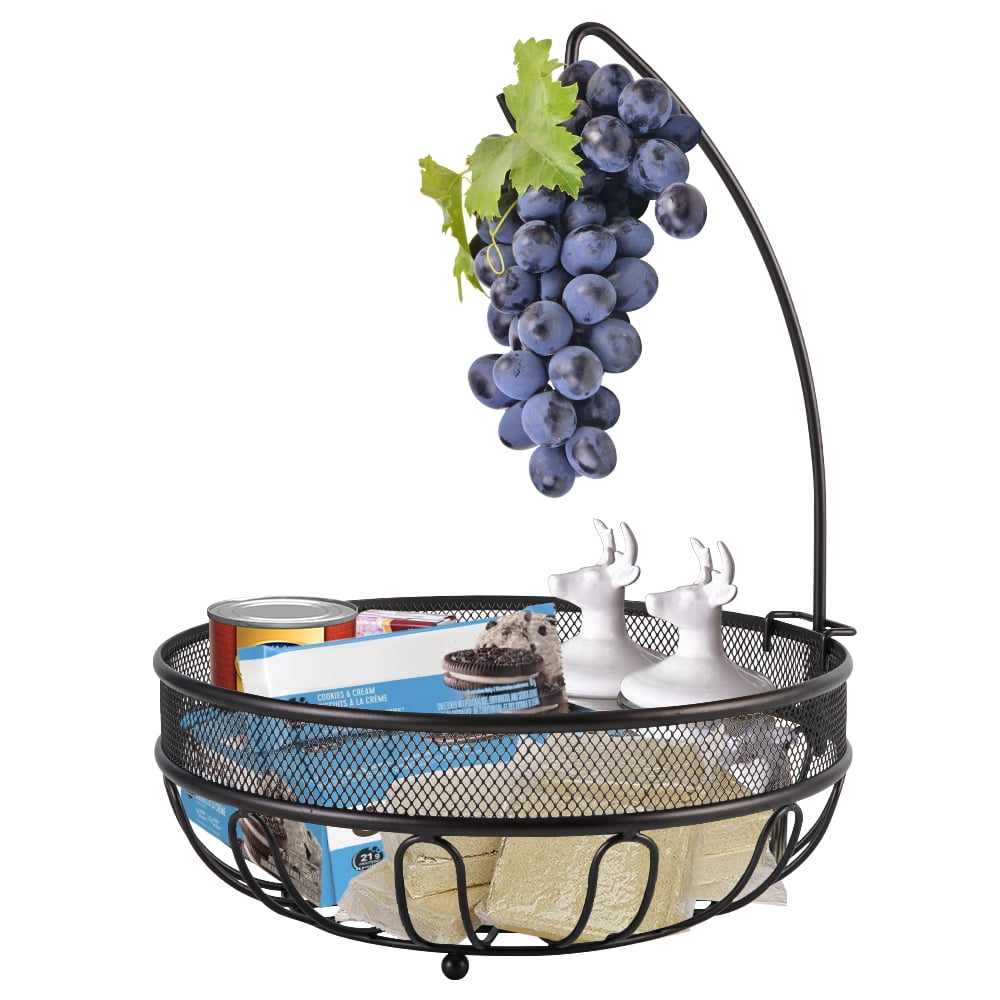 Bextsrack Fruit Basket with Banana Hook Metal Cast Iron, Black